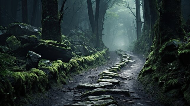 An Ancient Moss-Covered Forest Path with Stone Steps Fading into Mist