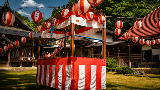 Traditional Japanese Festival Stall with Red and White Paper Lanterns at Shrine