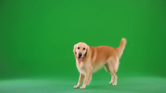 A dog standing on a green screen with its mouth open and tail raised.