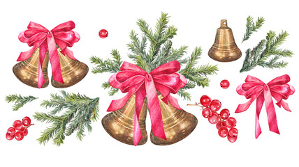 Watercolor set with bronze or golden old jingle bell with red ribbon bow and Christmas tree isolated on white background. Toy for celebration gift. Musical instrument. Vintage clipart with berry © NatashaKun