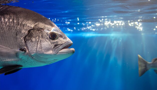 A large gray fish swims underwater with sun rays shining through the blue water basic needs of living things
