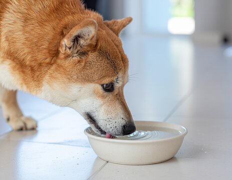 Shiba inu dog drinking water from a bowl on the floor in a house basic needs of living things