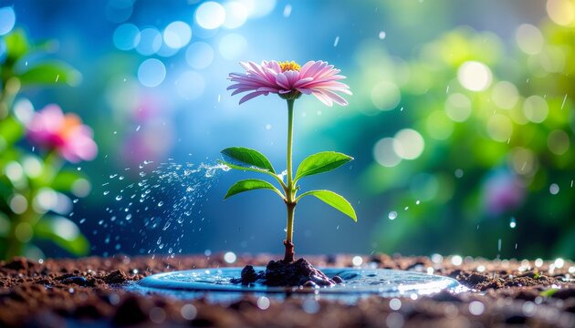 A small pink flower growing in the dirt with water spraying on it in a beautiful garden with blurred background and bokeh effect basic needs of living things
