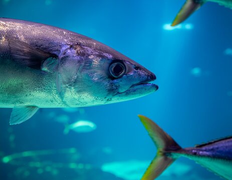 A large tuna fish swims in the ocean with other fish in the background, showcasing its distinctive features and vibrant colors underwater basic needs of living things