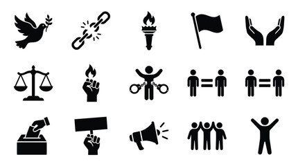 A collection of black and white icons representing various aspects of human rights, freedom, justice, and social activism. © GJ