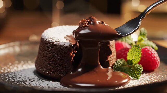 Warm chocolate lava cake being pierced by a silver fork with molten dark chocolate flowing out, dusted with powdered sugar and garnished with fresh raspberries and mint leaves.