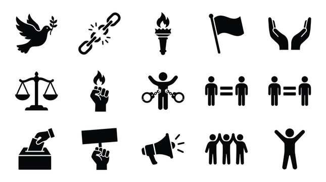 A collection of black and white icons representing various aspects of human rights, freedom, justice, and social activism.