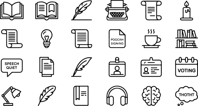Literature and creative writing icon set featuring books quill pens typewriters paper scrolls and library symbols in thin line vector.