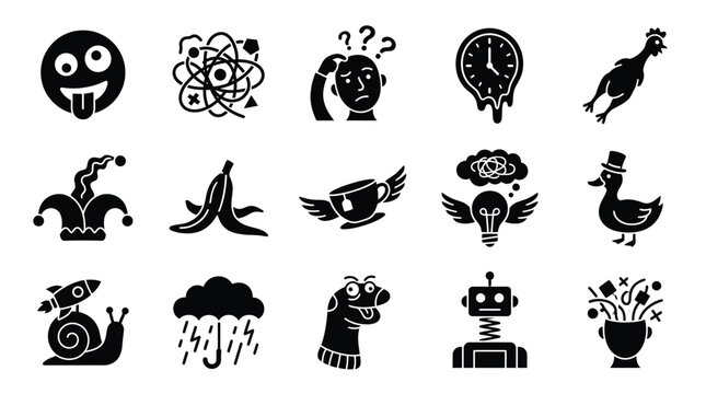 A collection of 15 black and white icons representing abstract concepts, emotions, and whimsical ideas.