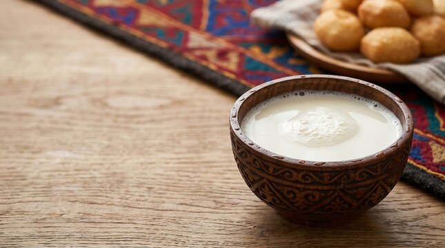 Shubat, traditional Kazakh fermented camel milk drink, served in traditional Kazakh wooden bowl (piala) with subtle carved patterns
