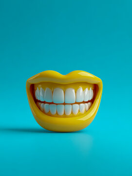 A bright and shiny yellow smiling mouth sculpture with perfectly aligned white teeth on a vibrant turquoise background creating a cheerful and playful vibe