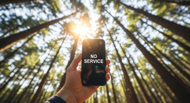 No Service Phone in Forest Represents Disconnection from Network Connection Problems or Remote Isolation in Natural Environment
