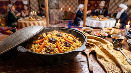 Fototapeta premium Plov, traditional Kazakh rice pilaf, presented in large traditional iron pot (kazan) with partially lifted lid revealing subtle steam