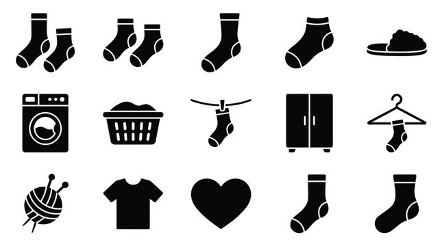 A collection of black and white icons representing laundry, clothing care, and related items, including socks, a washing machine, and a clothes hanger.