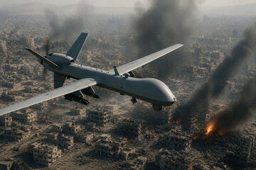 Naklejka premium Military Drone Flying Over Destroyed City with Smoke and Fire, War Zone Aerial View
