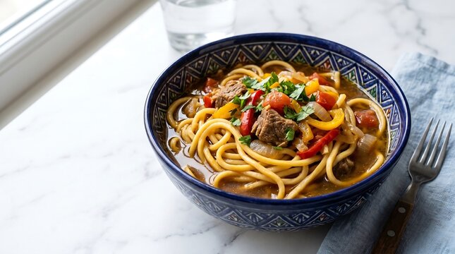 Lagman, Kazakh hand-pulled noodles, in deep indigo ceramic bowl with traditional patterns, long yellow elastic homemade noodle strands intertwined