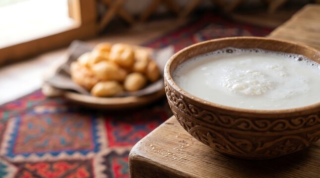 Shubat, traditional Kazakh fermented camel milk drink, served in traditional Kazakh wooden bowl (piala) with subtle carved patterns