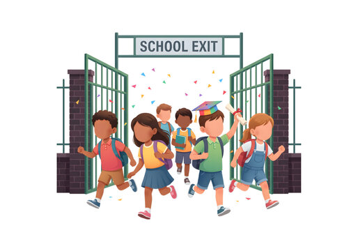 Children running out of school exit gate with confetti colorful png on transparent background