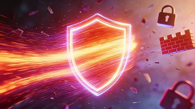 Glowing neon shield with padlock icon and shattered glass on dark futuristic background
