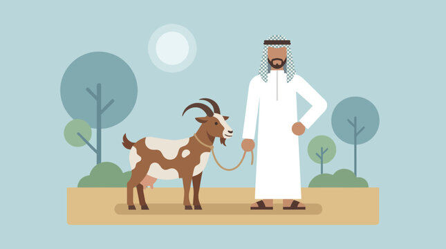 Man in traditional Middle Eastern clothing standing with goat.