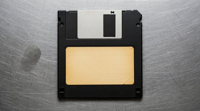 A black floppy disk with a blank label sits on a scratched metallic surface, evoking nostalgia for vintage data storage technology.