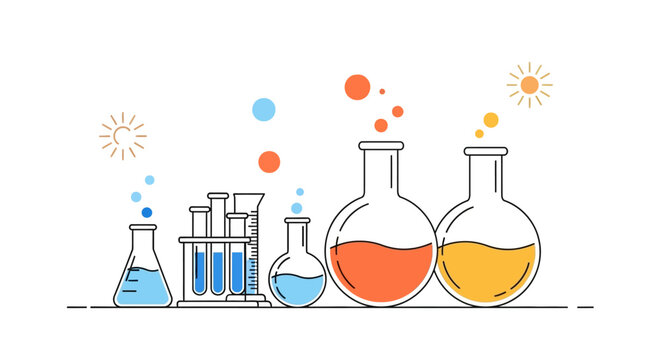 Laboratory equipment, science icons, chemistry lab glassware, colorful vector set