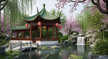 Naklejka premium Serene Chinese Garden with Pavilion, Pond, and Blossoming Cherry Trees.