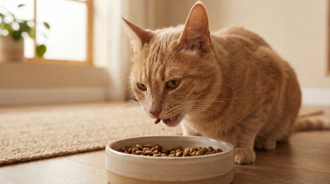 An orange tabby cat eating from a bowl of dry food on a wooden floor in a welllit room with a window and plant in the background basic needs of living things