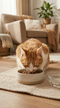 An orange and white cat eating from a bowl of food on a rug in a cozy living room with a couch and plant basic needs of living things