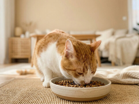 An orange and white cat eating from a bowl of cat food on a rug in a cozy living room with a blurred background basic needs of living things