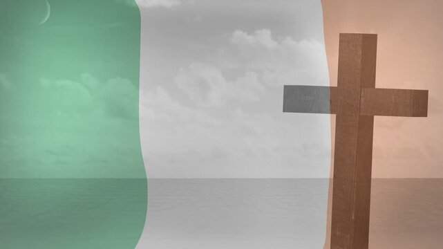 On play wooden Latin cross standing, tricolor flag and clouds gently waving for calm background