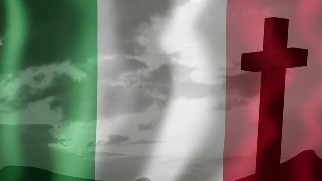 gentle wind initiating tricolor flag rippling, bands shifting and coloring cross, creating loop