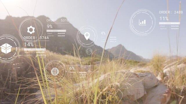 Sun glare starting translucent HUD icons fading over grasses and rock, visualizing order tracking