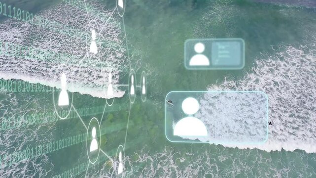 Drone shot starting network overlay, mid surfer shifting, second board entering, avatars animating