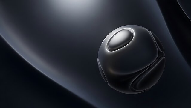 "Sleek matte black sphere with smooth curved grooves and glowing white highlight, resting on flowing dark abstract surface, dramatic low-key lighting, minimalist and modern, high-end 3D render, 8k"