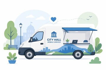Obraz premium Mobile city hall service van with office window and urban illustration