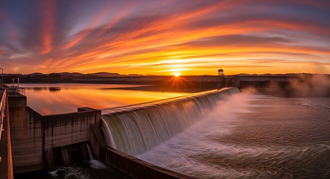 Dam at sunset with orange sky.