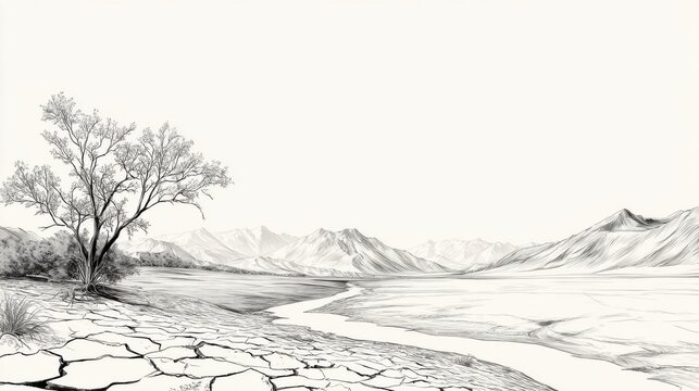 Dry Landscape Illustration with Tree and Cracked Earth Features