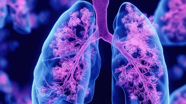 Cystic Fibrosis 3D medical anatomy illustration, genetic inherited chronic disease affecting lungs and digestive system, mucus buildup in respiratory tract and internal organs, respiratory disorder, 