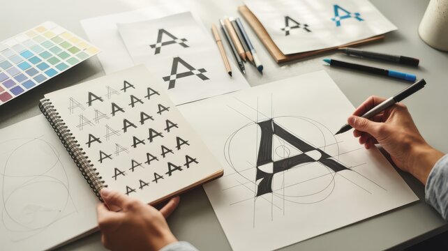 Graphic designer sketching logo ideas for letter a on paper with drawing tools