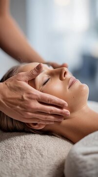 Serene woman receiving a relaxing head massage in a spa setting close-up showcasing skilled hands providing therapeutic touch for stress relief and wellness