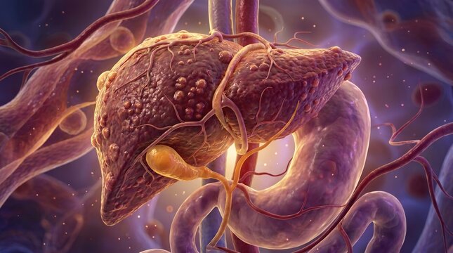 Medical illustration of a diseased human liver with visible lesions, surrounded by other internal organs and cellular structures, depicting a pathological condition.