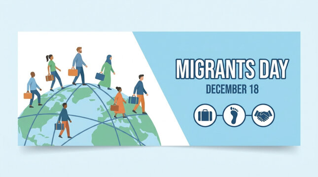 Illustration of diverse people walking on a globe with luggage, celebrating Migrants Day on December 18