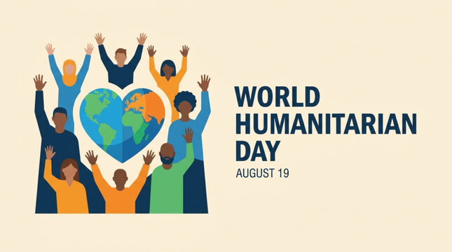 Illustration of diverse people celebrating World Humanitarian Day on August 19 with a heart-shaped globe