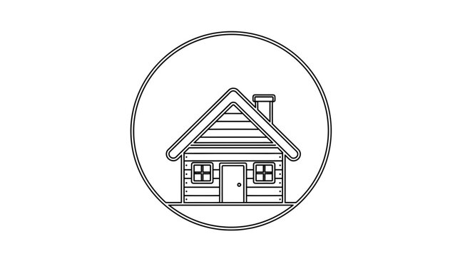 Simple Line Art Icon of a Cozy Wooden Cabin House with Chimney Inside a Circle