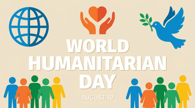 Vibrant illustration of diverse people celebrating World Humanitarian Day with a dove, globe, and heart hands on a beige background