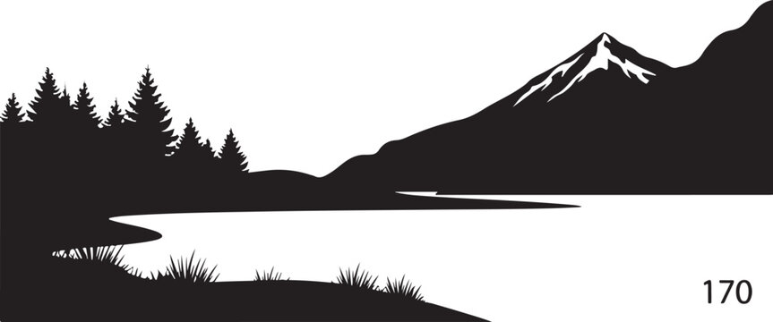 Black silhouette landscape icons, mountain lake scene, nature vector graphics, 170 elements