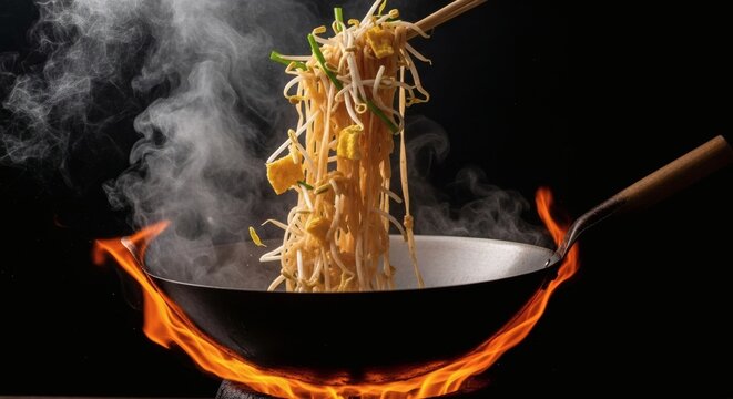 Pad Thai Noodles Mid-Toss in Smoking Wok &ndash; Cinematic Thai Restaurant Commercial Photography