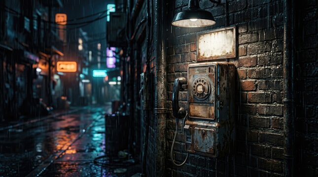 A dimly lit, wet urban alley at night shows a rusty, old payphone mounted on a brick wall with neon signs glowing in the background.