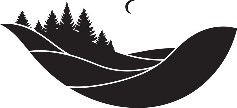 Black silhouette landscape, moonlit hills, pine trees, minimalist vector icon